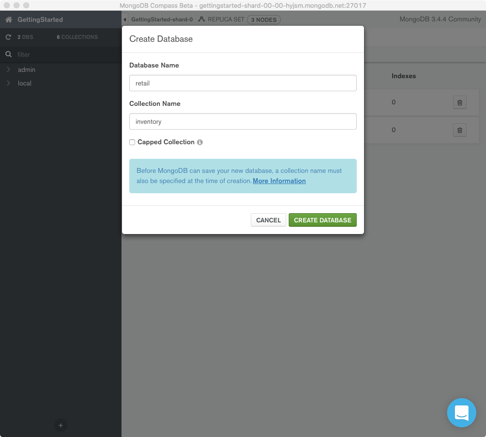 Screeenshot of a entering the database and collection names.