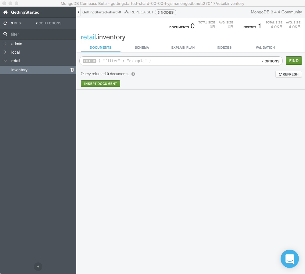 Screeenshot of the collection with the "Insert Document" button.